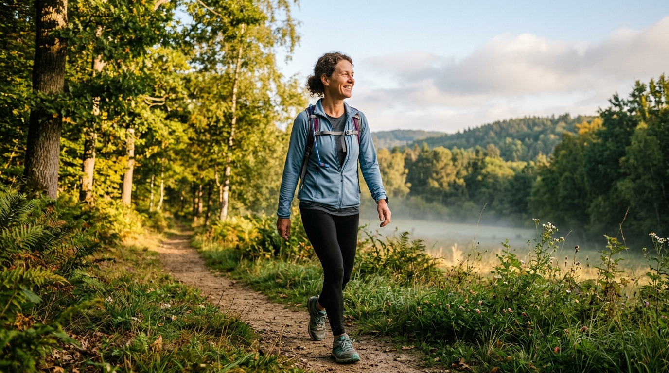 Aktívna žena pri rannej prechádzke v prírode
