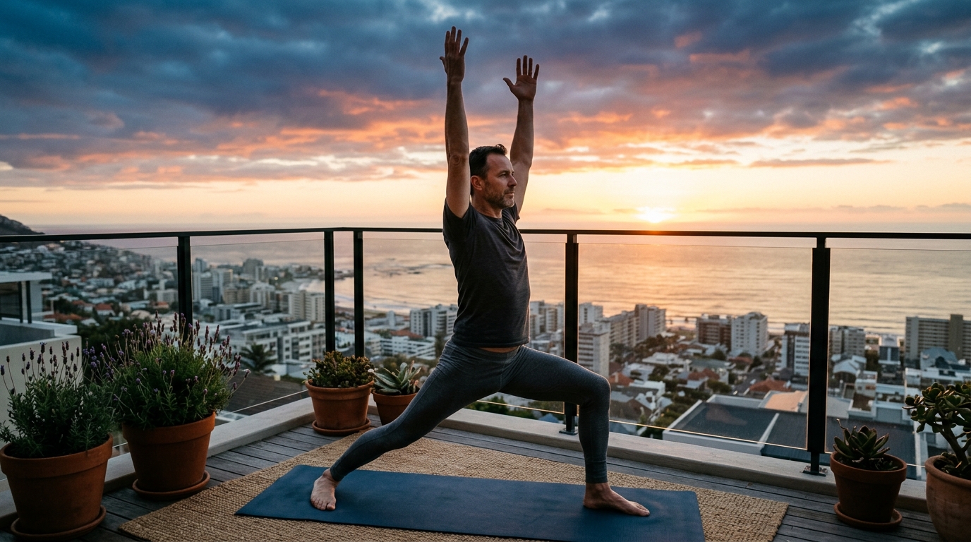 Žena cvičí jogu na balkóne pri východe slnka